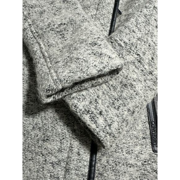 Calvin Klein Wool Blend Faux Leather Trim Bouclé Asymmetrical Coat Gray Small - Picture 12 of 16